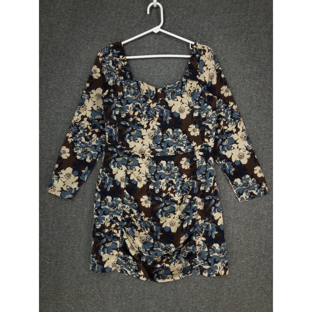 Handmade Vintage Women's Mini Dress Size Small Brown Blue White Floral Ruched